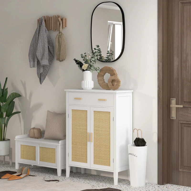 HOMCOM Lot de Banc à chaussures + Meuble à chaussures - meuble de rangement pour l'entrée - 2 portes effet cannage - blanc