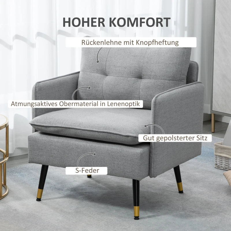 HOMCOM Akzentsessel mit Knopfheftung, Polstersessel, abnehmbare Polster, Schwarz + Gold + Grau