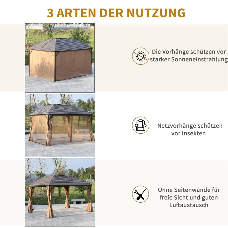 Outsunny Gartenpavillon Partyzelt Faltpavillon Festzelt 4 x Doppel-Seitenteile wasserdicht 2 Laternenhaken Alu + Polyester Braun ca. 4 x 3 x 2,8 m