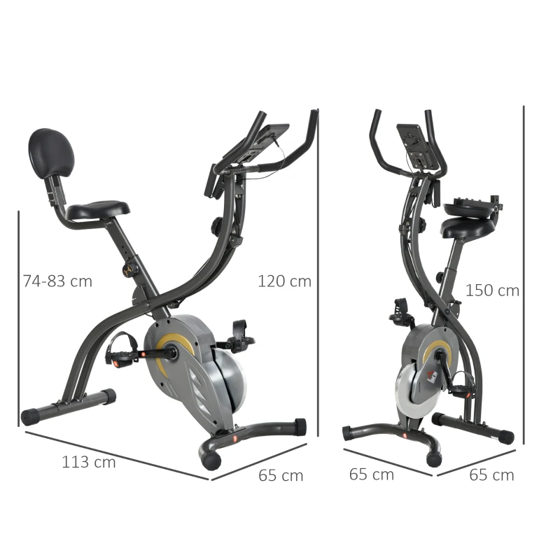 HOMCOM Vélo d'appartement magnetique pliable vélo de Fitness vélo d'intérieur selle réglable dossier guidon écran LCD multifonction bandes résistance acier gris noir