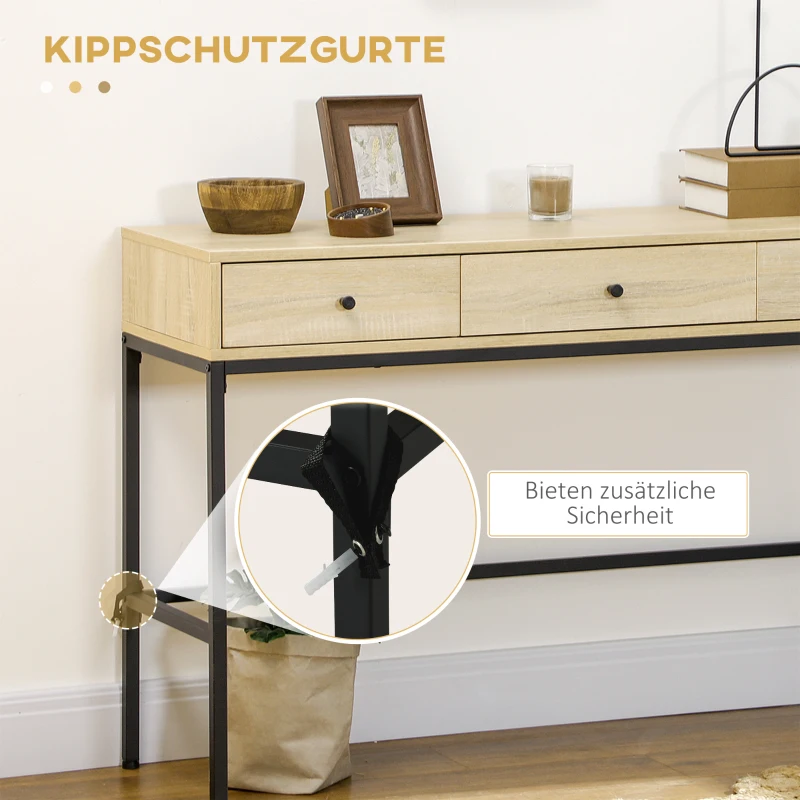 HOMCOM Konsolentisch im Industriedesign, 3 Schubladen, Flurtisch, Natur + Schwarz