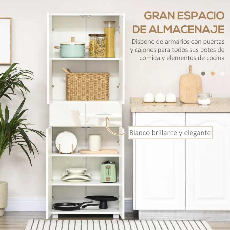 HOMCOM Aparador Alacena de Cocina Mueble Auxiliar con 4 Puertas 2 Cajones y Estantes Ajustables 60x35x170 cm Blanco