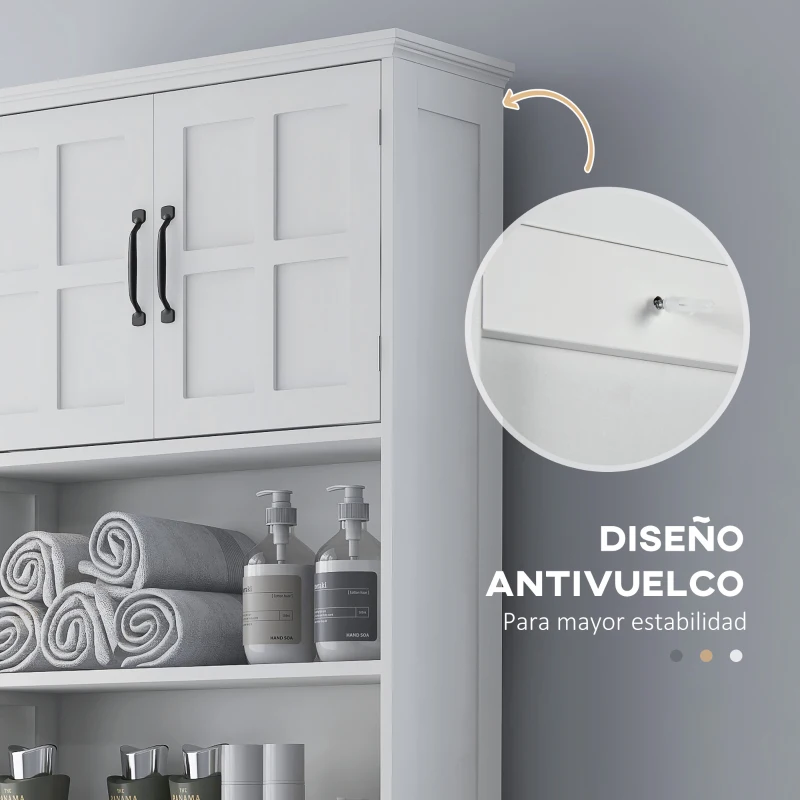 kleankin Mueble sobre Inodoro con 2 Puertas Estantes Abiertos y Estante Ajustable Mueble para Baño 66x23x178 cm Blanco