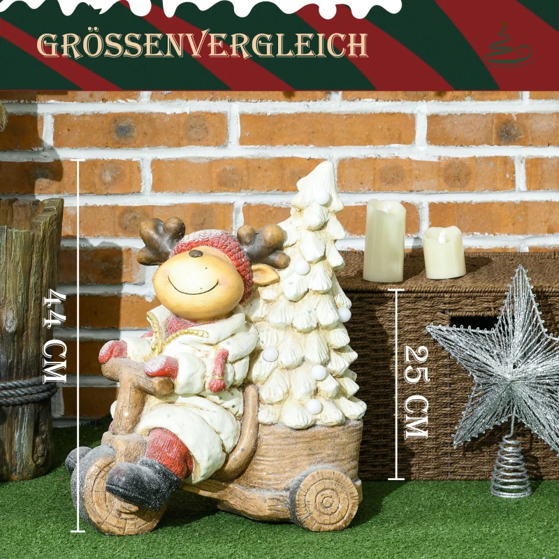 HOMCOM Weihnachtsdeko, Rentier mit Weihnachtsbaum, warme LED-Beleuchtung, Batteriebetrieb, In- und Outdoor, 44 cm
