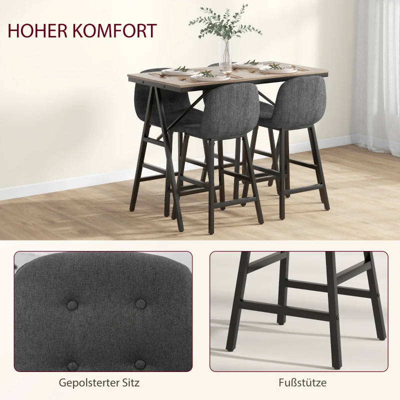 HOMCOM Bargarnitur 5-teilig, Tisch und 4 Stühle, Knopfheftung, dicke Polsterung, Leinenoptik, Dunkelgrau