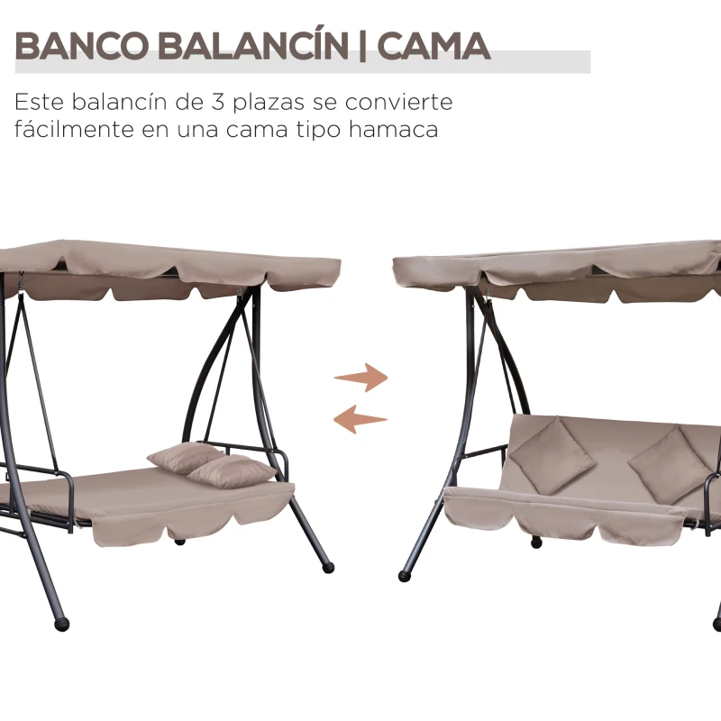 Outsunny Columpio Balancín Jardín de 3 Plazas Convertible en Cama con Techo Ajustable Cojín Acolchado y Almohadas para Balcón Terraza Carga 340 kg Acero 200x125x170 cm Beige