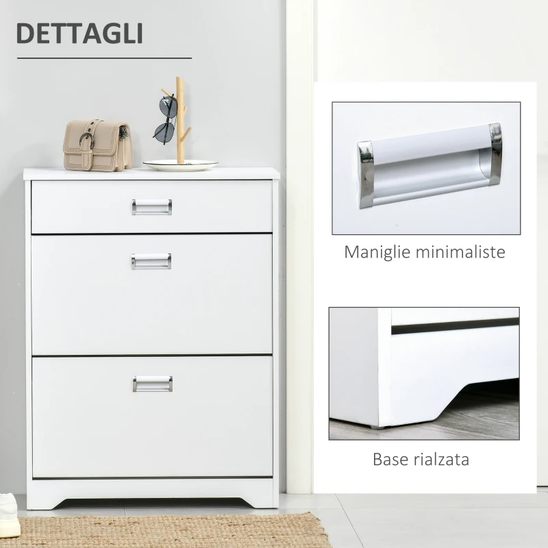 HOMCOM Scarpiera Moderna in Legno, 2 Cassetti con Mensola Regolabile per 16 Scarpe e Cassetto Piccolo, 70x29x92cm, Bianco