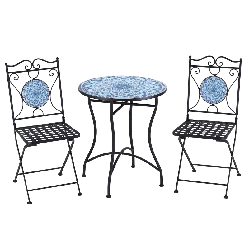 Outsunny Set da Giardino 3 Pezzi, Tavolino e 2 Sedie Pieghevoli con Mosaico, Blu