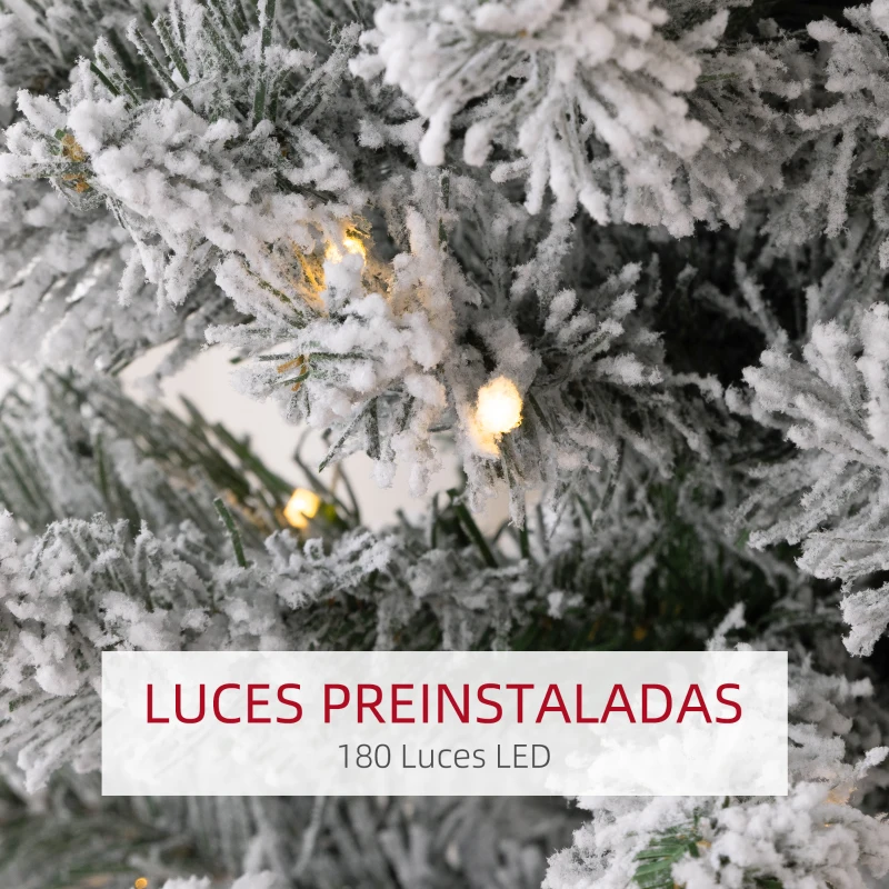 HOMCOM Árbol de Navidad Artificial Nevado 210 cm con 180 Luces LED 405 Ramas y Patas de Metal para Salón Verde y Blanco