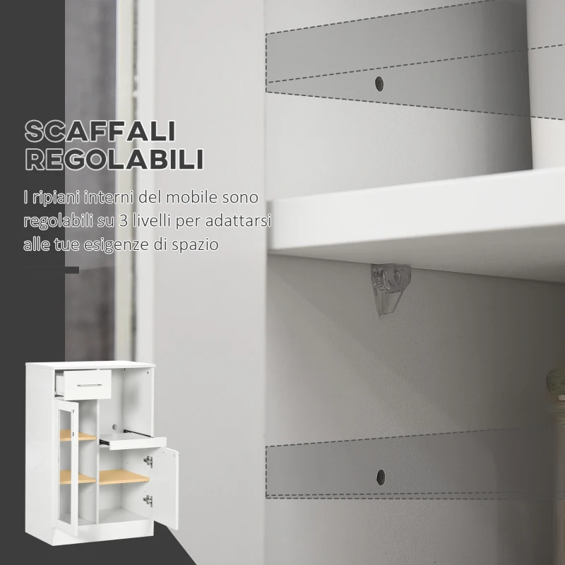 HOMCOM Credenza Moderna con Armadietti e Cassetto in Legno e Vetro, 60x40x95cm, Bianco