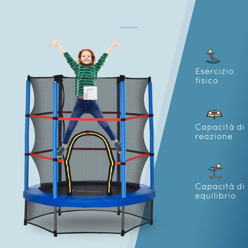 HOMCOM Tappeto Elastico per Bambini da 3 Anni con Rete di Protezione e Corde Bungee Ø140x160Acm, Blu