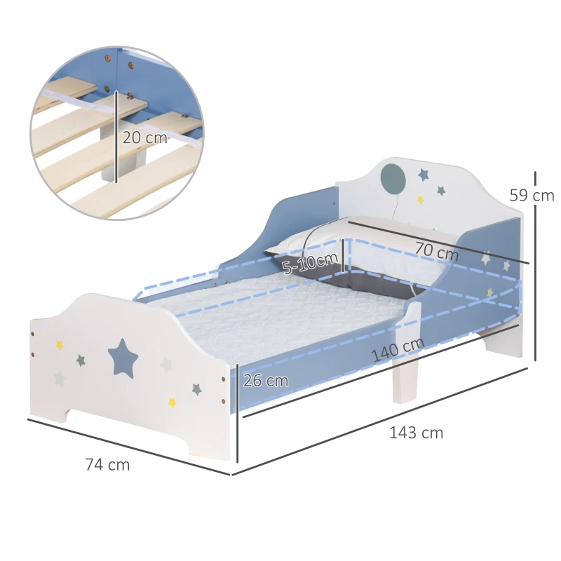 HOMCOM Lit pour enfants de 3 à 6 ans design étoiles sommier à lattes inclus chambre moderne 143 x 74 x 59 cm bleu blanc