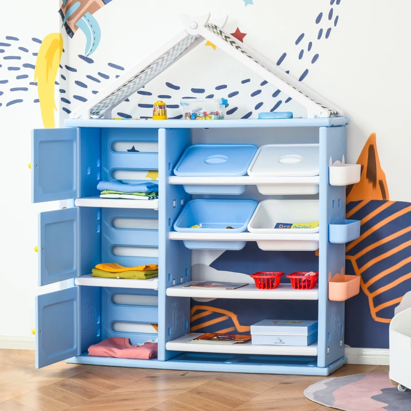 HOMCOM Estantería Infantil de Juguetes con Armario Estantes 4 Cajas y 3 Cestas Organizador de Almacenaje para Habitación de Niños Sala Juegos 128x34x155 cm Azul