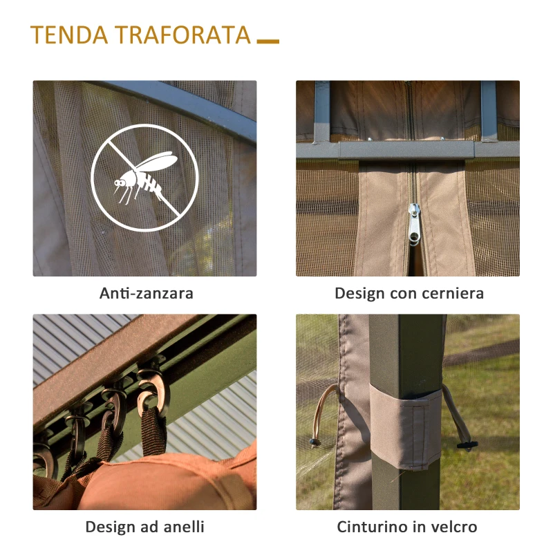 Outsunny Gazebo da Giardino con Zanzariera 3.6x3m Tetto Policarbonato Marrone