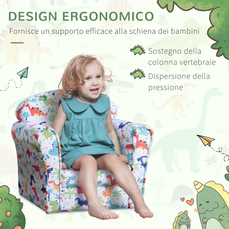 HOMCOM Poltrona da Bambino Fantasioso Motivo di Dinosauri Cartoonati bambini fra i 3 e i 5 anni Legno, Flanella, Schiuma 50L x 39P x 44A cm Multi-colore