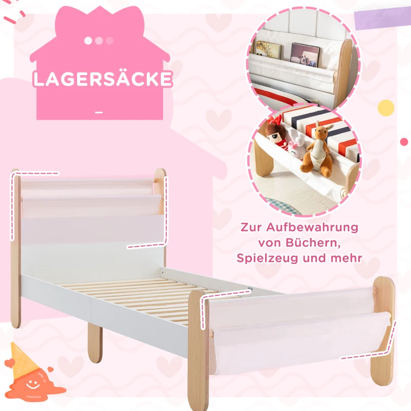 HOMCOM Kinderbett Jugendbett Hausbett mit Betttasche Spielzeugtasche ab 3 Jahre Holzbett Kinderzimmer Spielbett Einzelbett Kiefernholz Weiß+Natur 229 x 98 x 95 cm