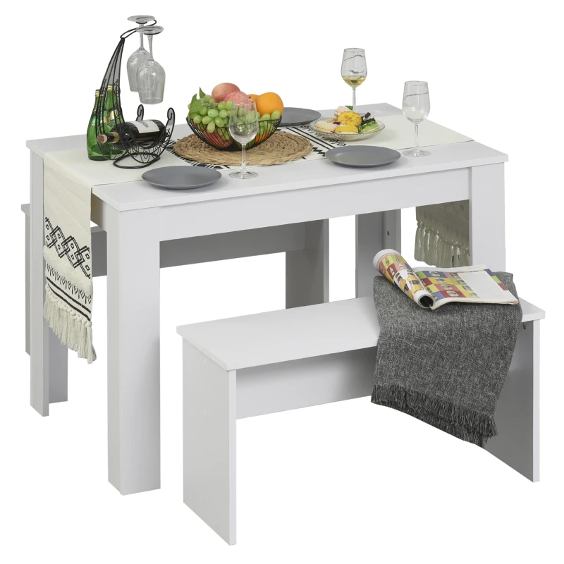 HOMCOM Essgruppe mit 2 Bänken, 3-teilige Esszimmergruppe, Küchentisch, Esszimmergarnitur Sitzgruppe Tischgruppe, Weiß, 110x70x75 cm (Tisch), 86x30x44,8 cm (Bank)