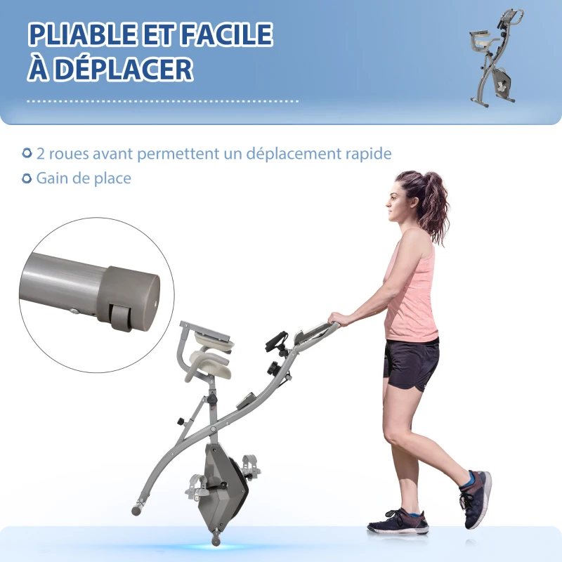 HOMCOM Vélo d'appartement pliable, vélo d'exercice, home traîner pour adultes, 8 niveaux de résistance magnétique, capteurs pouls main, écran LCD multifonction, selle réglable, acier, gris, argenté