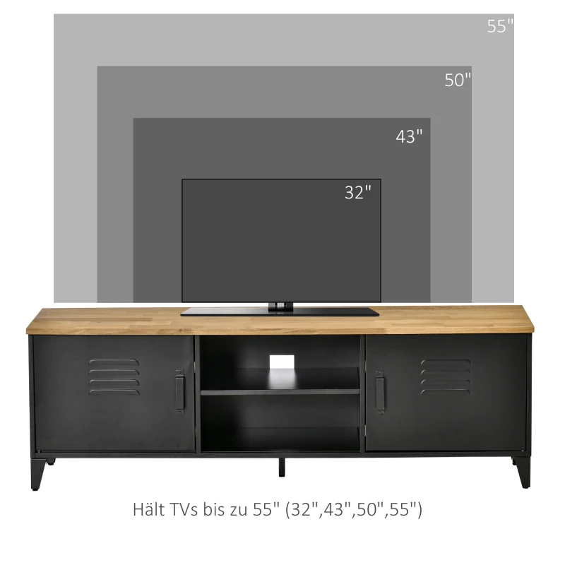 HOMCOM TV Schrank Fernsehschrank TV-Regal Fernsehtisch TV Lowboard Kommode für Fernseher bis zu 55" mit 2 Türen Regal für Wohnzimmer Schlafzimmer Metall Holz Schwarz 150 x 40 x 50 cm
