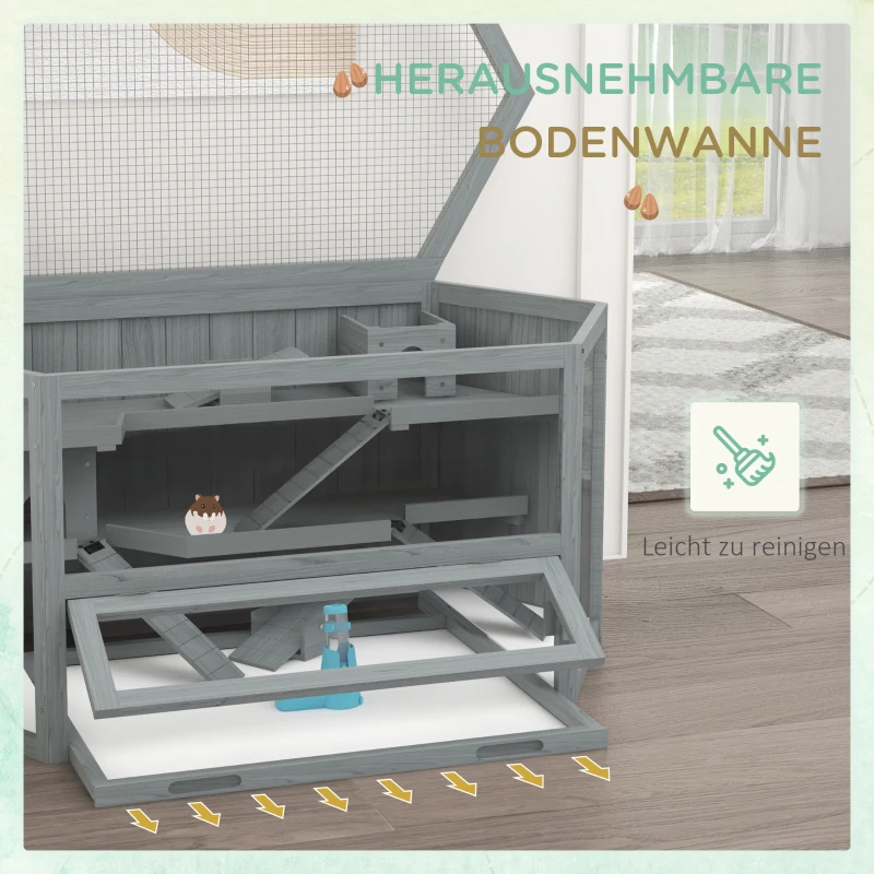 PawHut Hamsterkäfig, 3 Etagen, herausnehmbare Wanne, Holz/Metall, 115x60x55 cm