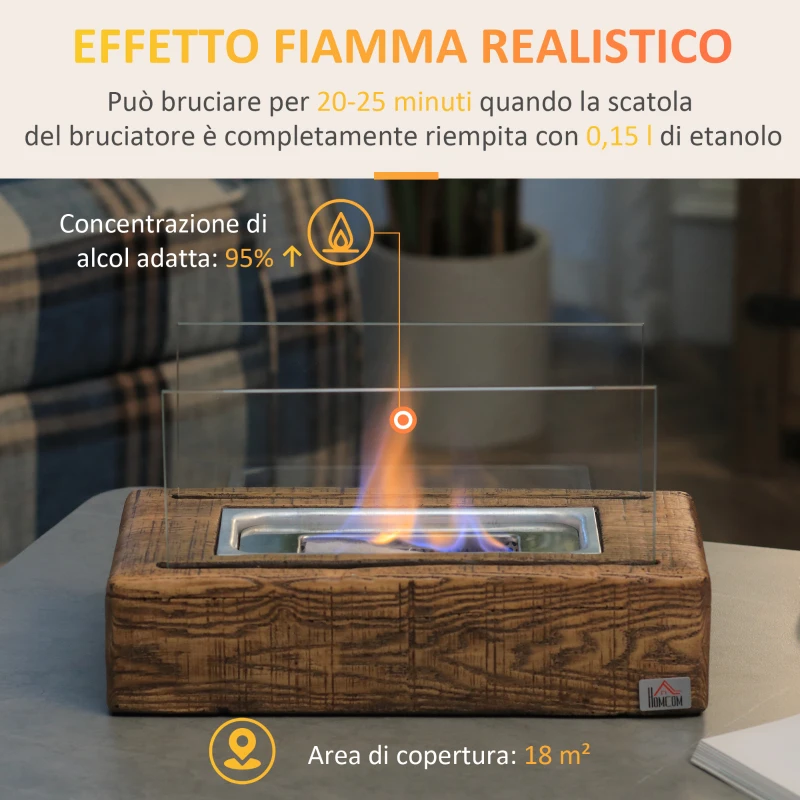 HOMCOM Camino a Bioetanolo da Tavolo con Serbatoio da 0.15L e Autonomia 45 Minuti, 33x16x18cm