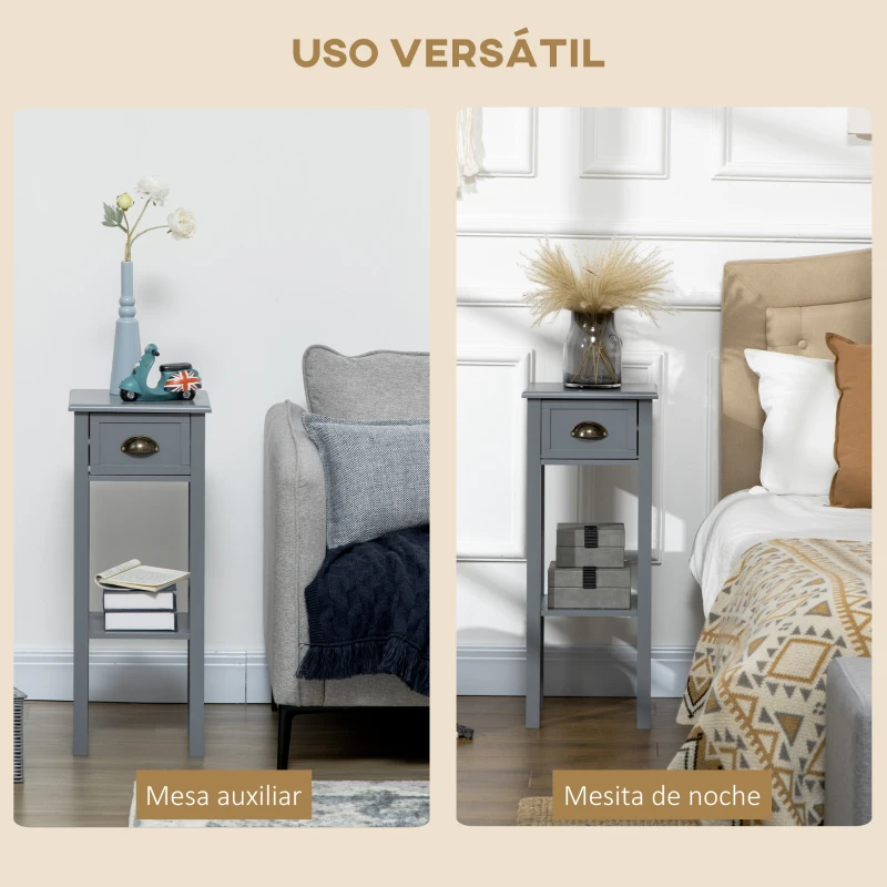 HOMCOM Mesa Auxiliar Estilo Moderno Mesita Auxiliar con Cajón y Estante de Almacenamiento 30x30x75 cm Gris