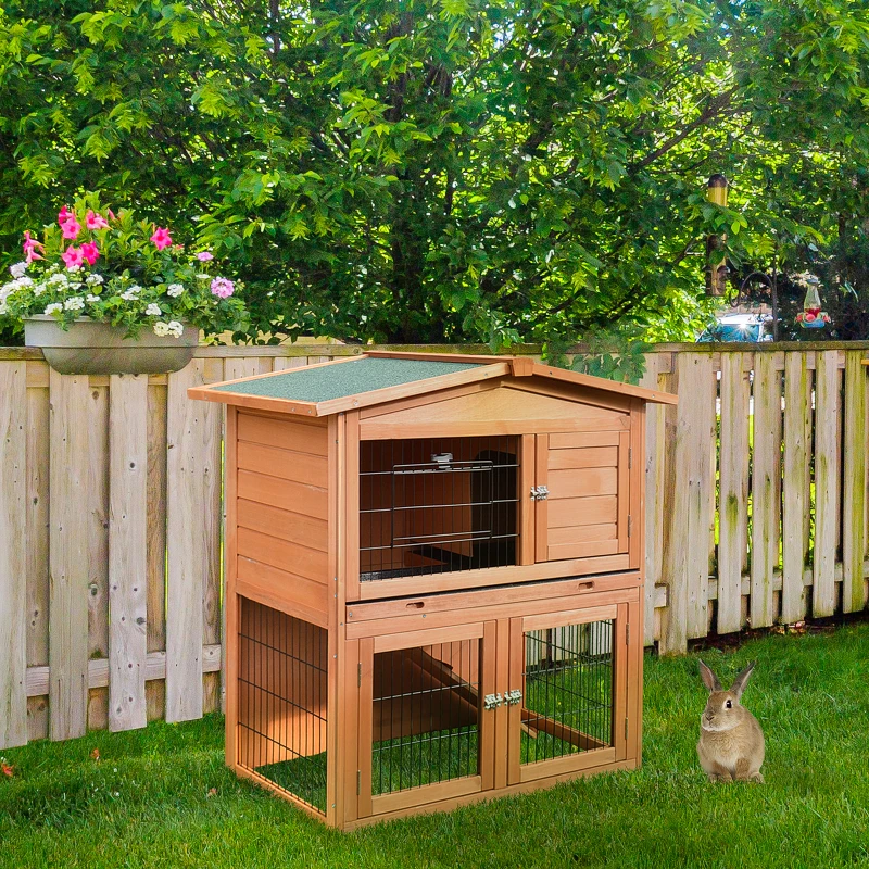 PawHut Rabbit Hutch Outdoor Guinea Pig Hutch 2-Tier Bunny Cage with No-Leak Tray 100.5 x 55 x 101 cm