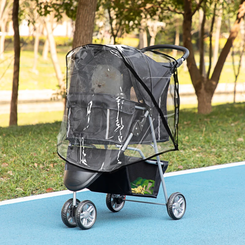 PawHut Pet Travel Stroller with Rain Cover, 3 Wheels Foldable Cat Dog Pushchair with Storage Basket and Cupholder for Small Miniature Dogs(Black)