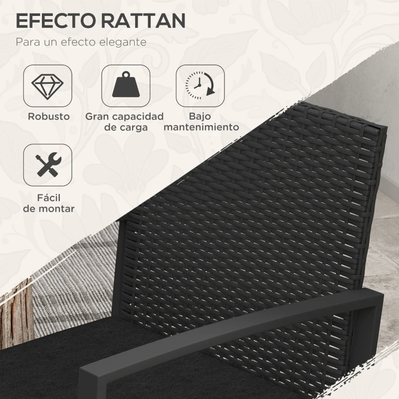 Outsunny Conjunto de Muebles de Jardín de Ratán Sintético Juego de 1 Mesa y 2 Sillas de Terraza con Cojines y Reposabrazos Negro