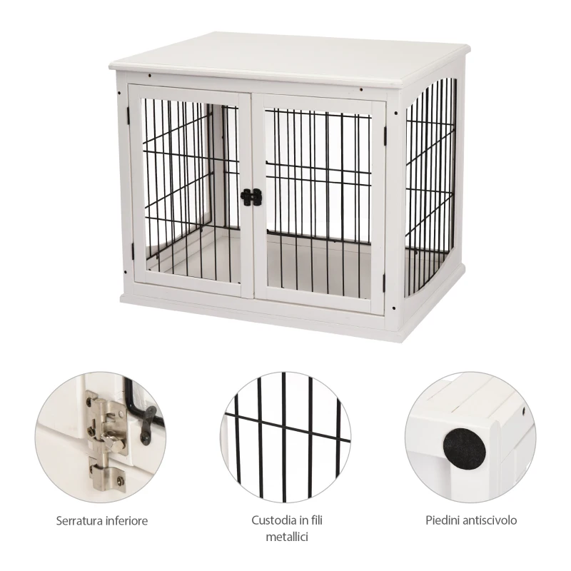 PawHut Casetta per Cani Fino 30kg da Interno in Legno e Acciaio, 58.5x81x 66cm - Bianco