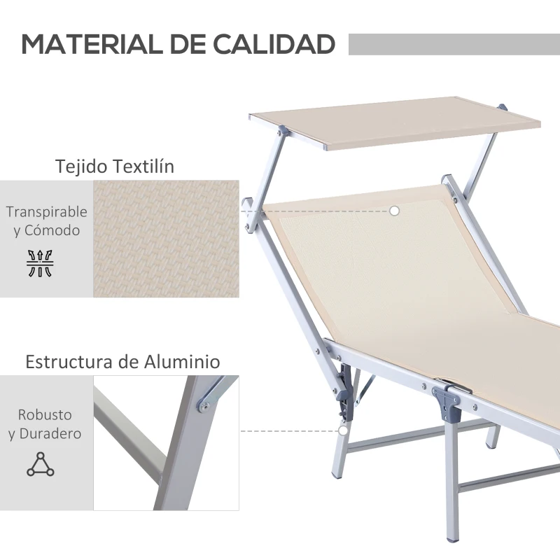 Outsunny Tumbona Plegable y Reclinable con Toldo Incorporado para Jardín Terraza Carga 120 kg 169x72x50/70 cm Beige
