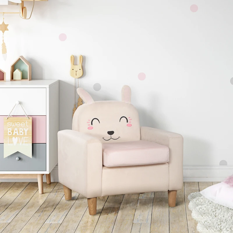 HOMCOM Kindersessel, Kaninchen-Motiv, hohe Rücklehne, waschbarer Bezug, für Kinder 3-5 Jahre, Farbe: Creme, 53 x 47 x 54,5 cm