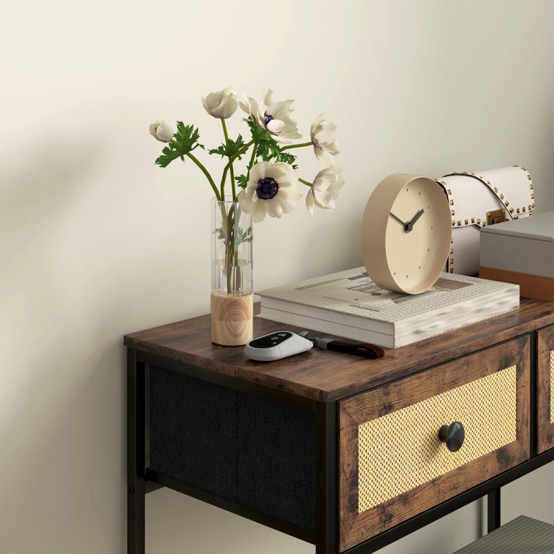 HOMCOM Mesa Consola con Estante Abierto y 2 Cajones Frontales de Ratán Consola para Recibidor 80x30x75 cm Marrón Rústico