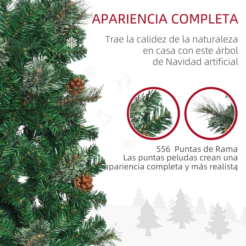 HOMCOM Árbol de Navidad 195 cm de 556 Ramas Árbol de Navidad Estrecho Forma de Lápiz con 25 Piñas Base Plegable Verde