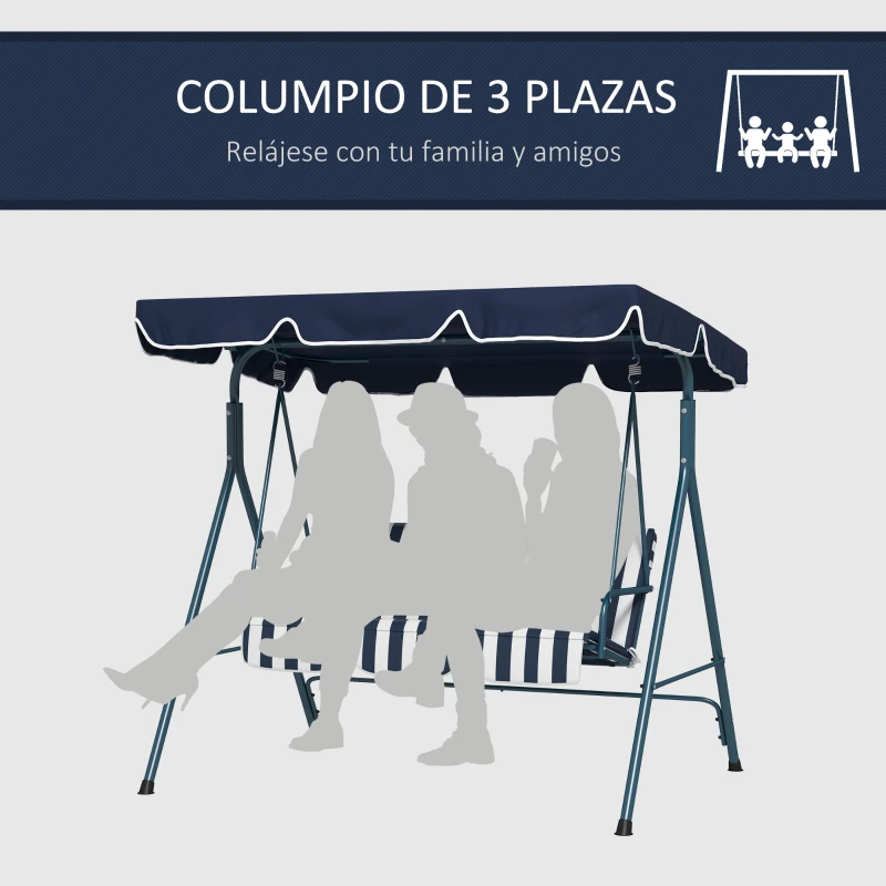 Outsunny Columpio Balancín de Jardín de 3 Plazas con Cojín Techo Ajustable y Marco de Acero 172x110x153 cm Rayas Azul y Blanco
