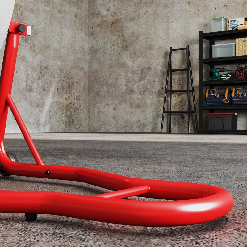HOMCOM Caballete de Moto Soporte Posterior Universal Portátil y Móvil Tipo Elevador de Acero con 2 Horquillas y Ruedas 80x50x40 cm Color Rojo
