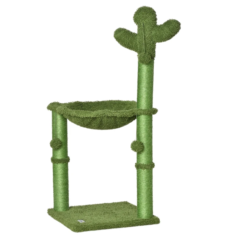 PawHut Arbre à chat griffoir forme cactus en sisal naturel hamac pompon suspendu - 40 x 40 x 96 cm vert