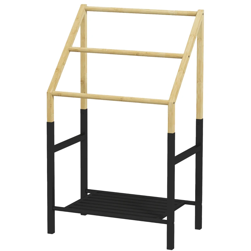 HOMCOM Portasciugamani a Terra con 3 Barre e Ripiano Inferiore, in Bambù e Acciaio, 51x31x85.5 cm, Nero e color Legno