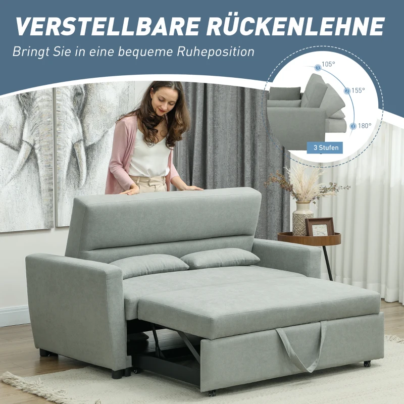 HOMCOM 2-Sitzer Sofa mit Bettfunktion, Verstellbarer Rückenlehne, Polstersofa, Samtoptik, für Wohnzimmer, Schlafzimmer, Hellgrau(m-6)