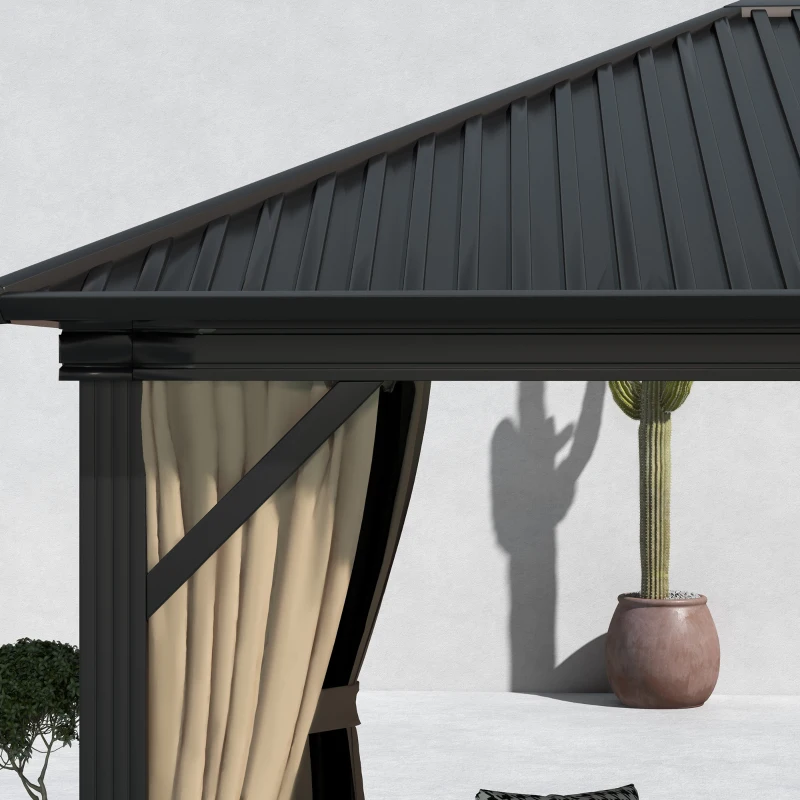 Outsunny 3 x 3.6m Outdoor Hardtop Gazebo Metal Roof Patio Gazebo with Aluminium Frame, Mesh Nettings, Curtains, & Roomy Interior Space, Brown
