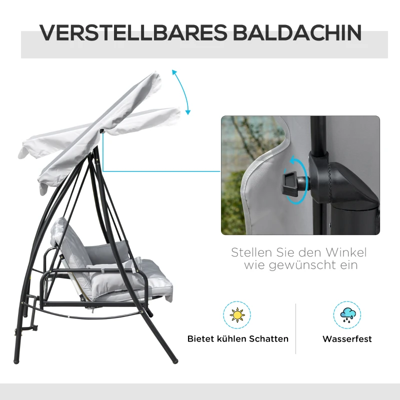 Outsunny Hollywoodschaukel Gartenschaukel Schaukel Schaukelbank mit Liege-Funktion, 3 Sitzer, Metall+Polyester, Grau, 209 x 114 x 170 cm