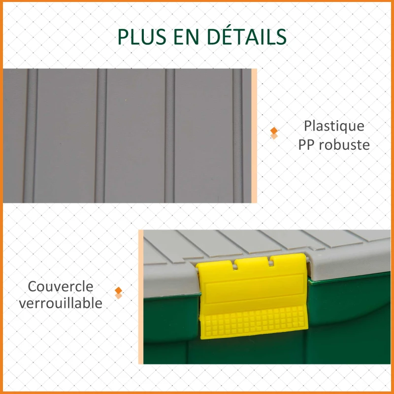 Outsunny Tabouret de Jardin Caisse à Outils 2 en 1 - Coffre et Plaque compartimentée de Rangement verrouillable - 4 roulettes, 2 poignées - PP Gris Jaune Vert