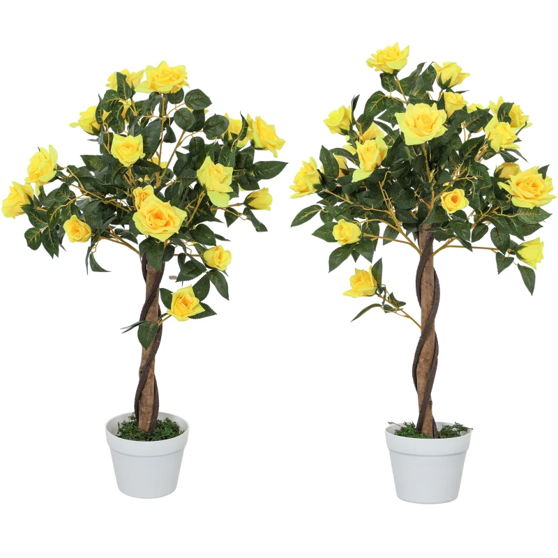 Outsunny Set of 2 Artificial Plants White Rose Floral in Pot, Fake Plants for Home Indoor Decor, 90cm, Yellow
