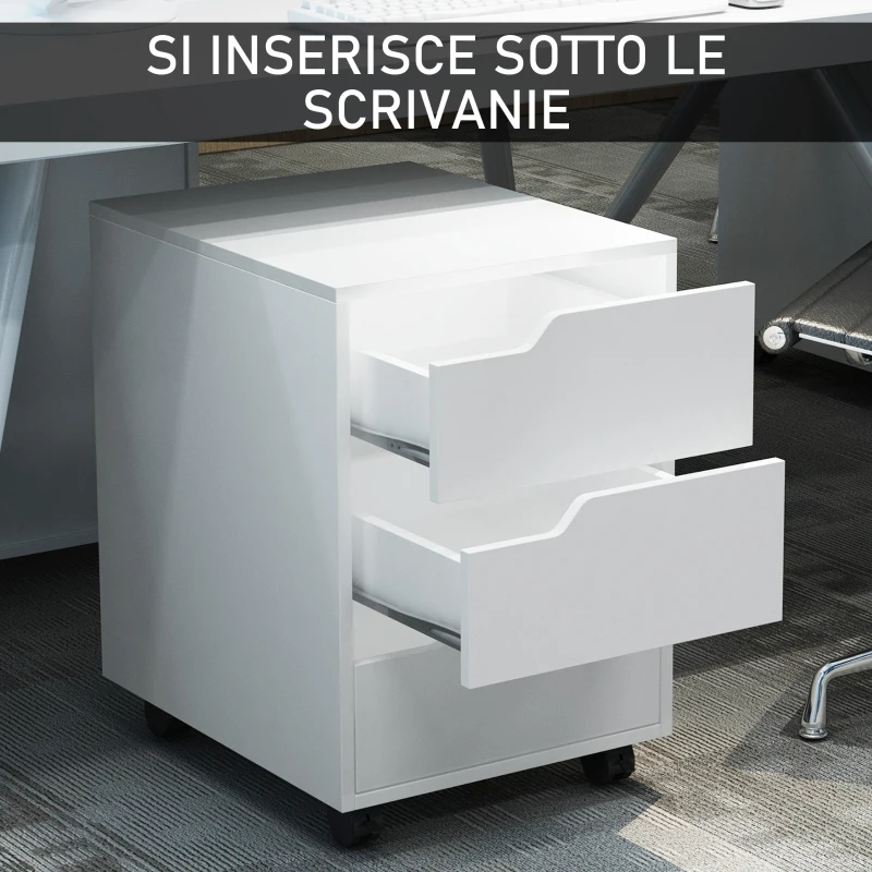 HOMCOM Cassettiera da Ufficio a 3 Cassetti con Maniglie a Scomparsa, in Legno e Metallo, 40x50x57.5 cm, Bianco