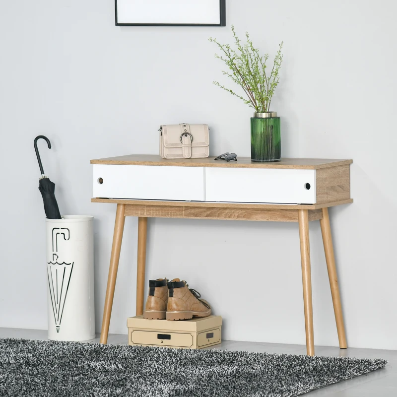 HOMCOM Mueble Recibidor Mesa de Consola con Doble Puerta Corredera Mesa Auxiliar Moderna para Entrada Pasillo Salón 100x35x75 cm Madera Natural