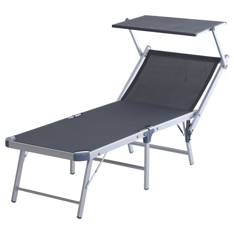 Outsunny Aluminium Foldable Sun Lounger, Outdoor Adjustable Backrest Reclining Chaise Lounge Chair with Sun Roof, Grey