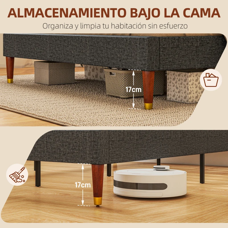 HOMCOM Estructura de Cama 140x200 cm con Cabecera Tapizada de Lino y Espacio de Almacenamiento Carga 250 kg Gris
