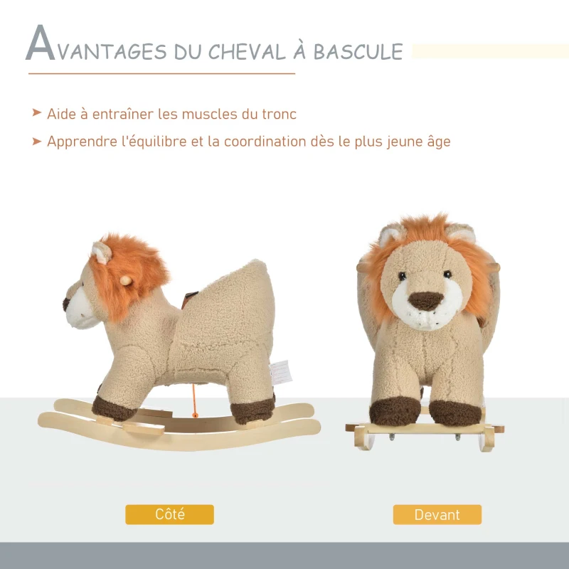 HOMCOM Cheval à Bascule modèle Lion Fonction Musicale Selle Grand Confort Peluche Courte Douce Pour Enfants 18-36 Mois Bois peuplier Marron dim. 68L x 35l x 50H cm