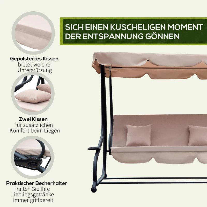 Outsunny Hollywoodschaukel Garten-Schaukelbank 3-Sitzer-Schaukel, inkl. Kissen, Getränkehalter, 200 x 120  x 1 64 cm,  Beige