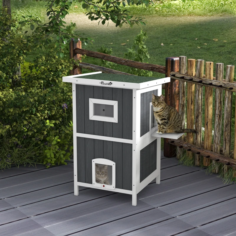 PawHut Cuccia per Gatti da Esterno in Legno a 2 Livelli con Tetto in Asfalto e 4 Porte, 60x60x90.5cm, Grigio